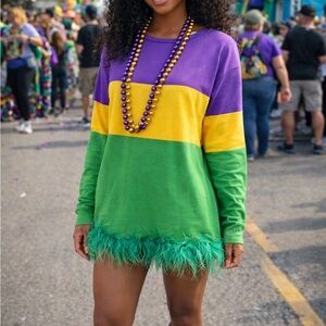 Mardi Gras Striped Sweat Shirt with Feather Hem
